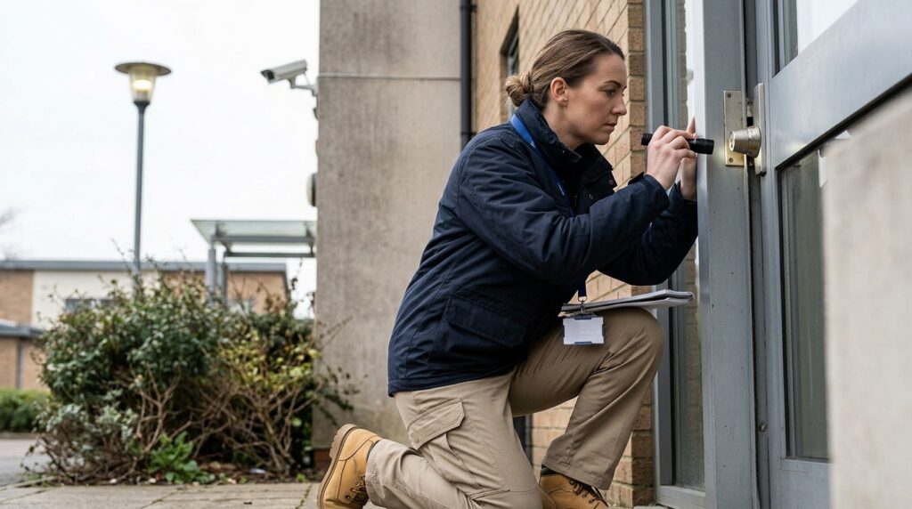 Security professional inspecting broken locks, dim lighting, and surveillance cameras on a property.