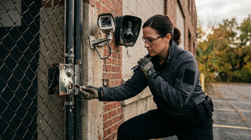 Security professional inspecting broken locks, lighting, and surveillance cameras on a property.