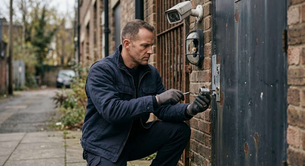 Security professional inspecting failed locks, lighting, and surveillance cameras on a property.