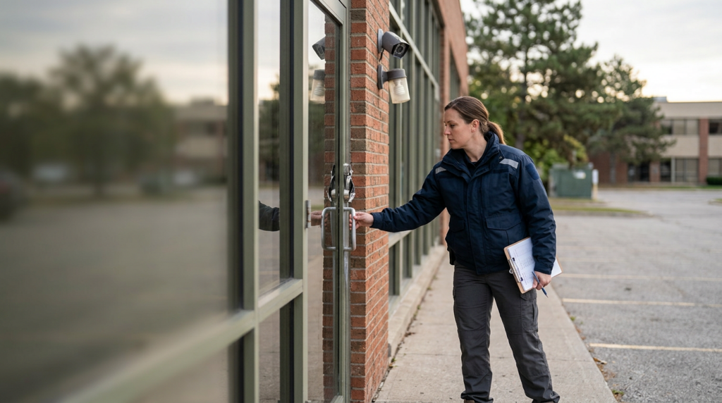 Security professional inspecting failed locks, lighting, and surveillance cameras on a property.