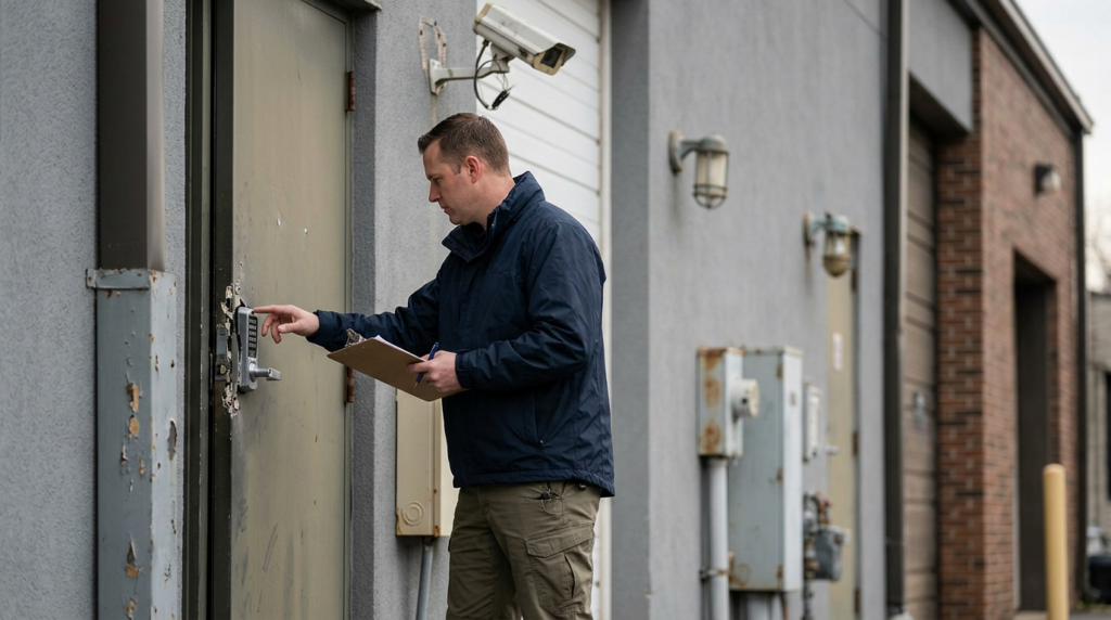 Security professional inspecting failed locks, lighting, and surveillance cameras on a property.