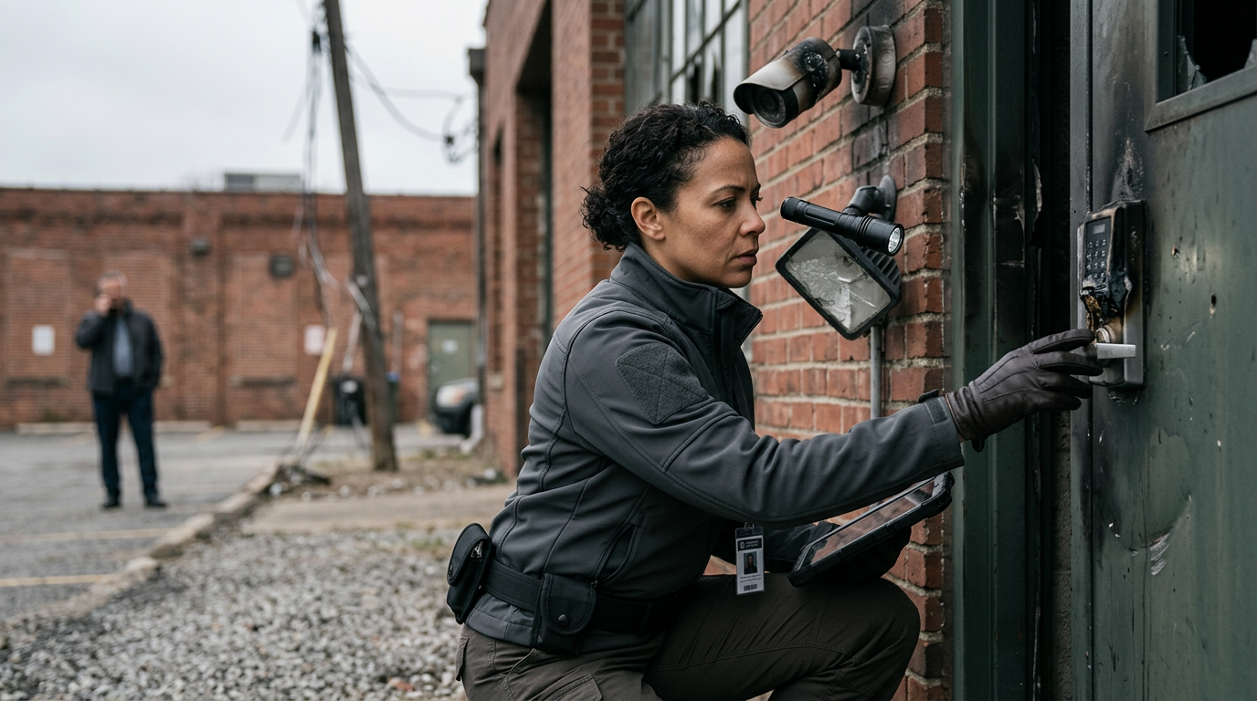 Security professional inspecting failed locks, lighting, and surveillance cameras on a property.