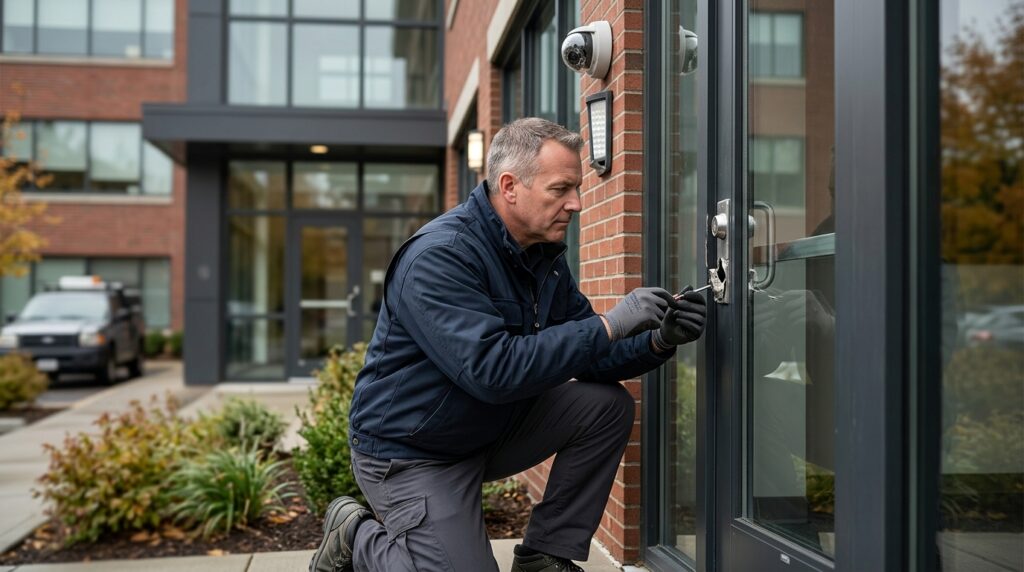 Security professional inspecting failed locks, lighting, and surveillance cameras on a property.