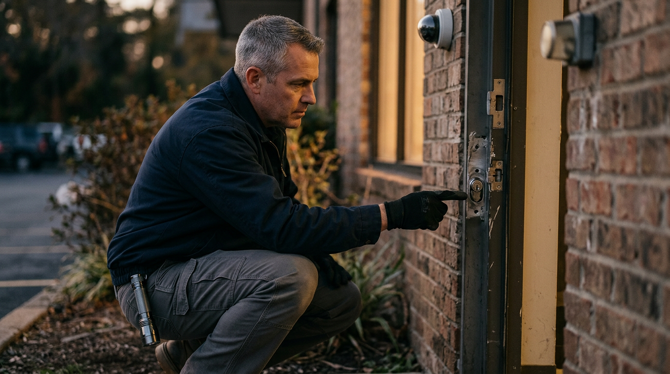 Security professional inspecting failed locks, lighting, and surveillance cameras on a property.