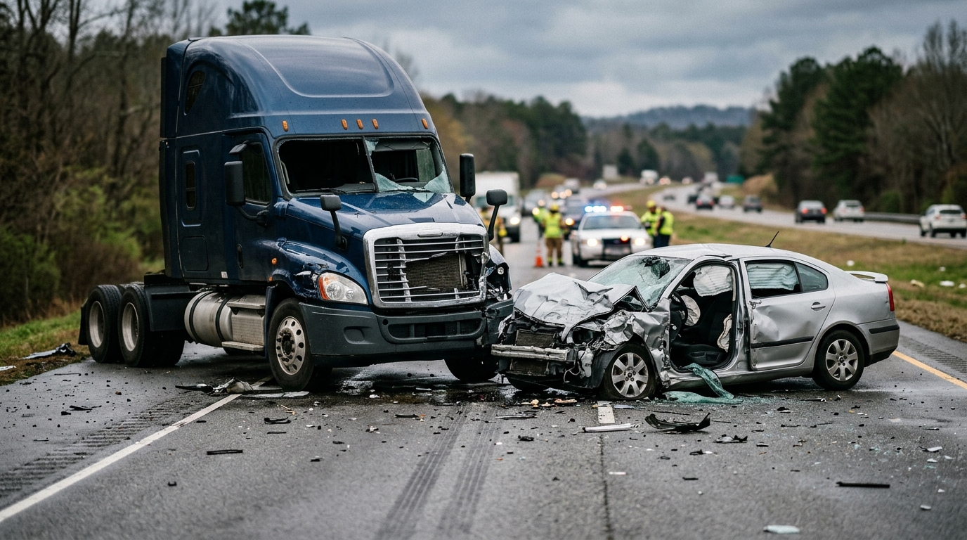 Damaged semi truck and passenger vehicle on the road after a serious collision.