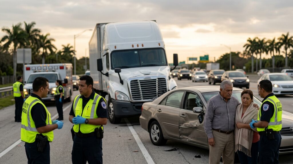 Camión semi y automóvil de pasajeros con daños graves después de una colisión seria en la carretera.