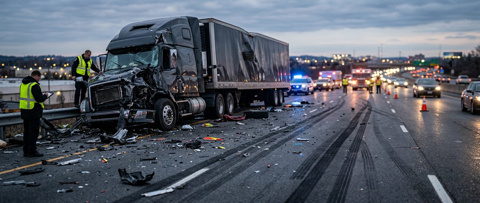 Serious commercial truck collision wreckage on highway at dusk.