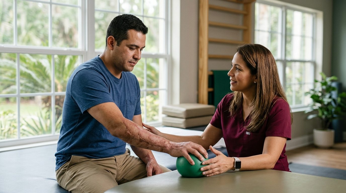 a burn-injury survivor in a calm rehabilitation setting, treated with dignity, featuring Hispanic and Latino people