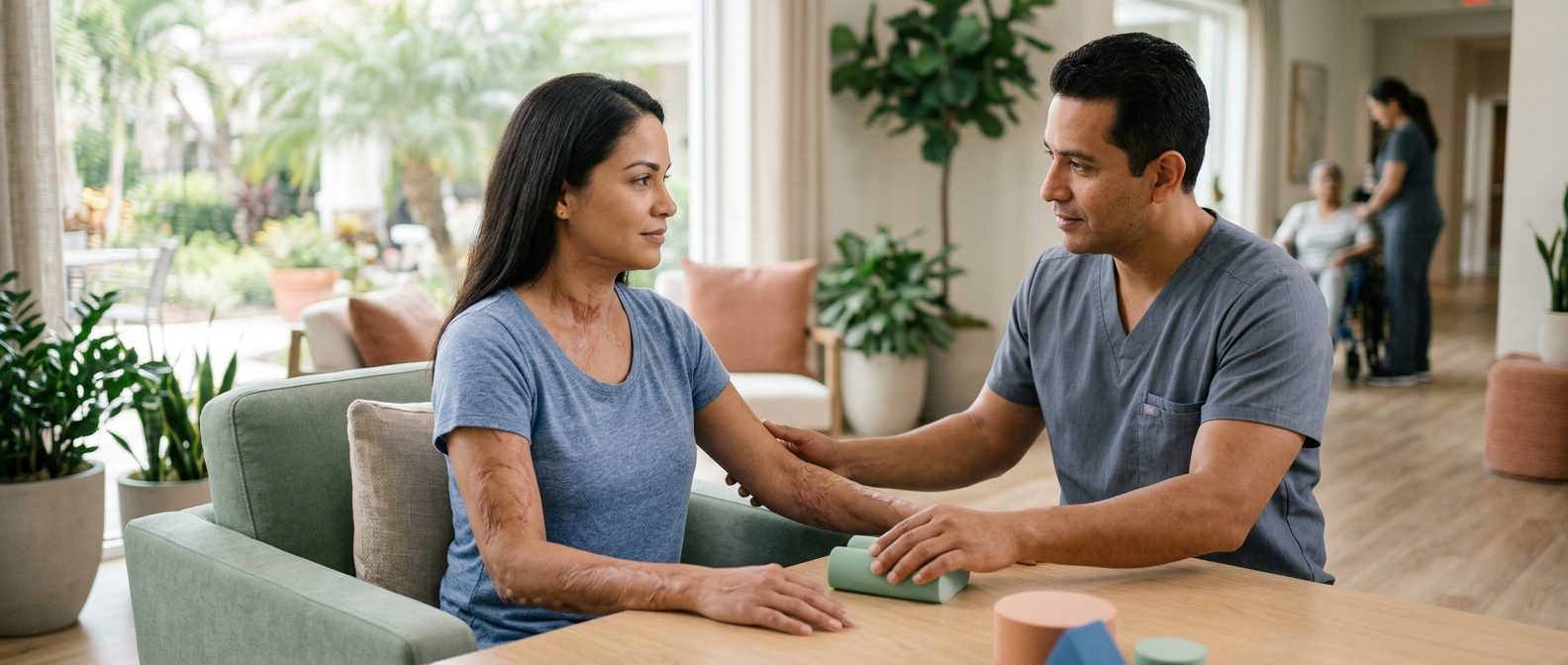 a burn-injury survivor in a calm rehabilitation setting, treated with dignity, featuring Hispanic and Latino people