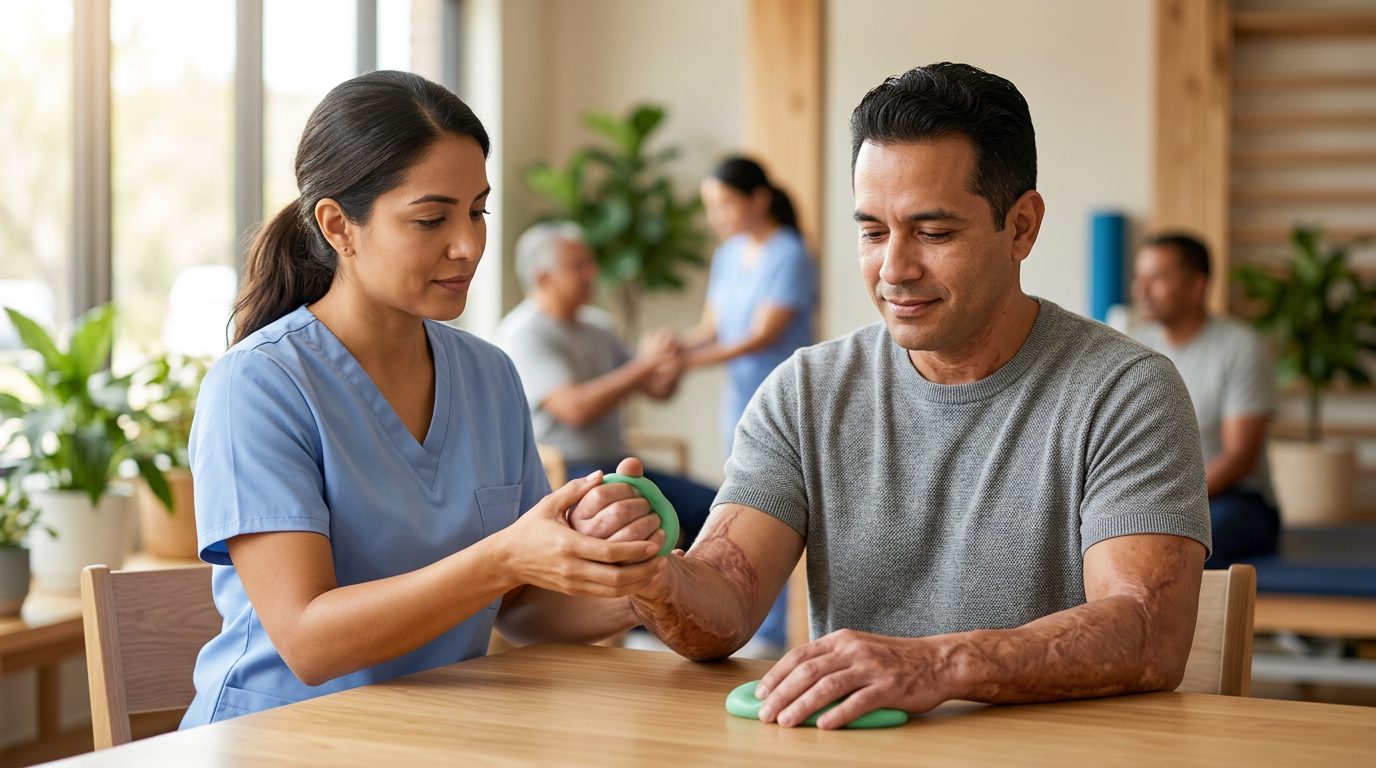 a burn-injury survivor in a calm rehabilitation setting, treated with dignity, featuring Hispanic and Latino people