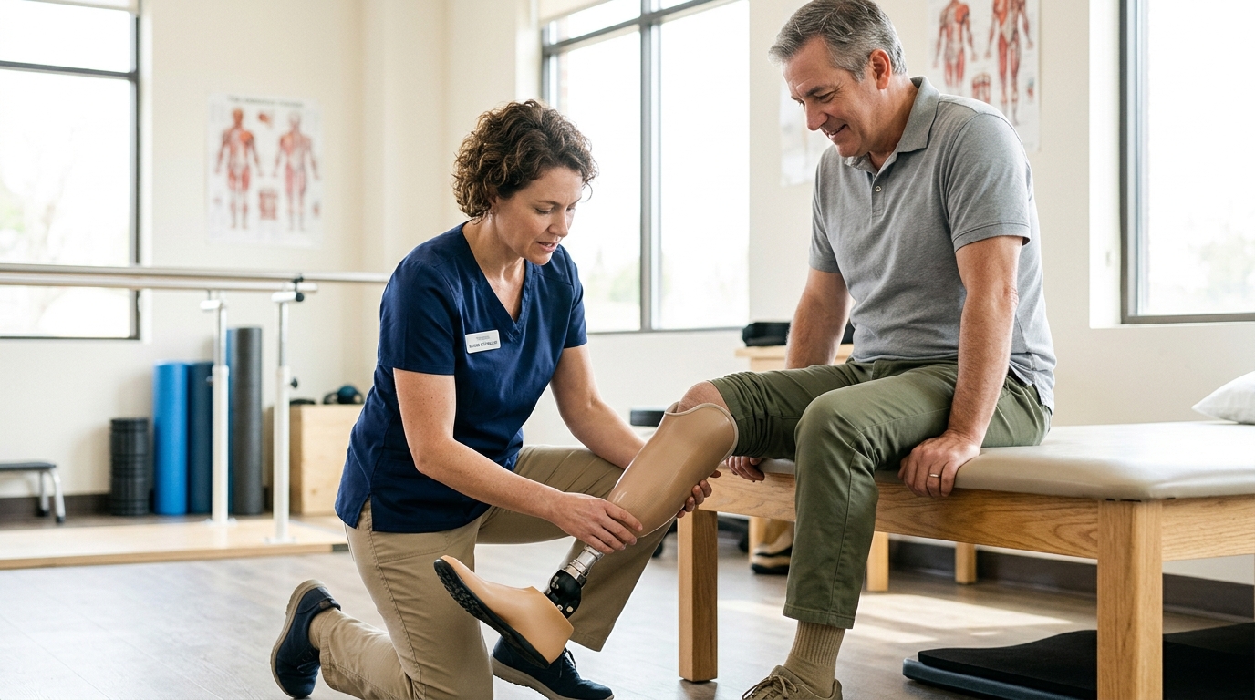 Specialist fits a prosthetic leg on a patient in a bright rehabilitation clinic.
