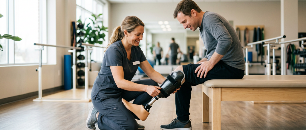 Specialist fits a prosthetic limb for a patient in a bright rehabilitation clinic.