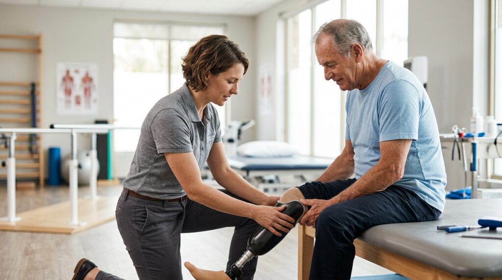 Specialist fits a prosthetic limb on a patient in a bright rehabilitation clinic.