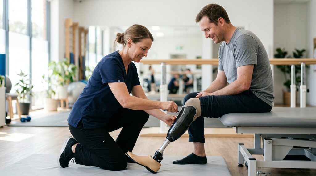 Specialist fitting a prosthetic limb to a patient in a bright rehabilitation clinic.