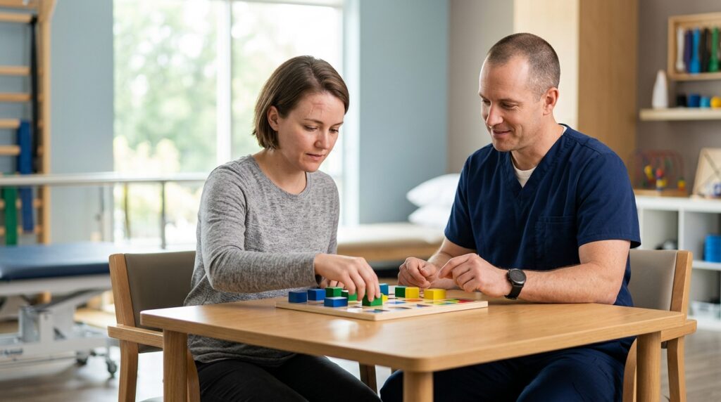 TBI patient practicing memory and coordination exercises with a therapist during rehabilitation.