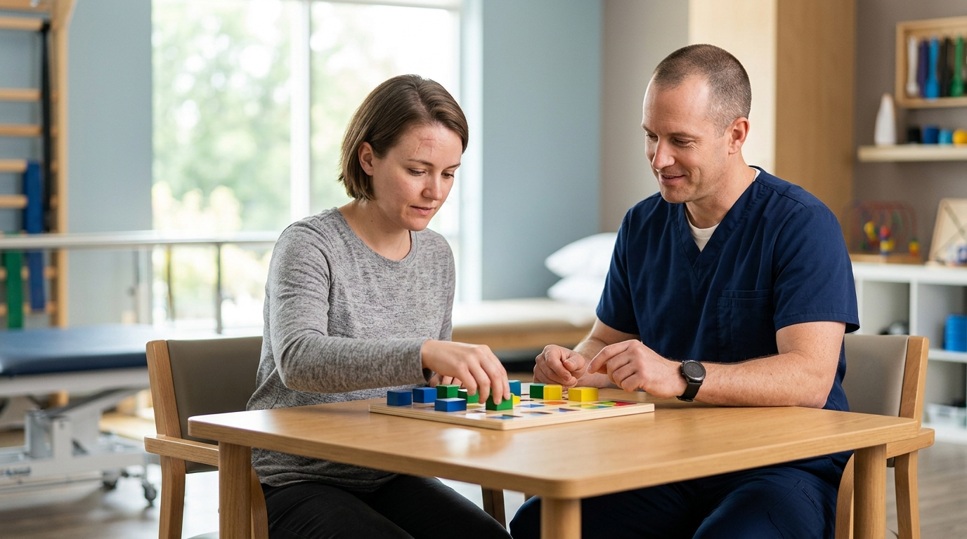 TBI patient practicing memory and coordination exercises with a therapist during rehabilitation.