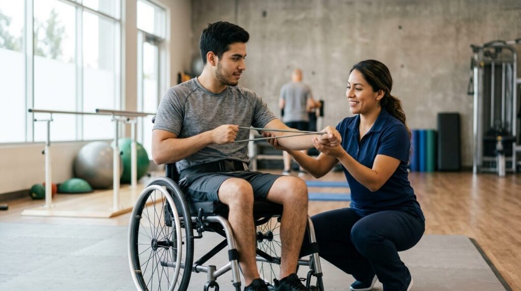 Terapeuta asistiendo a paciente en silla de ruedas durante rehabilitación de lesión medular.