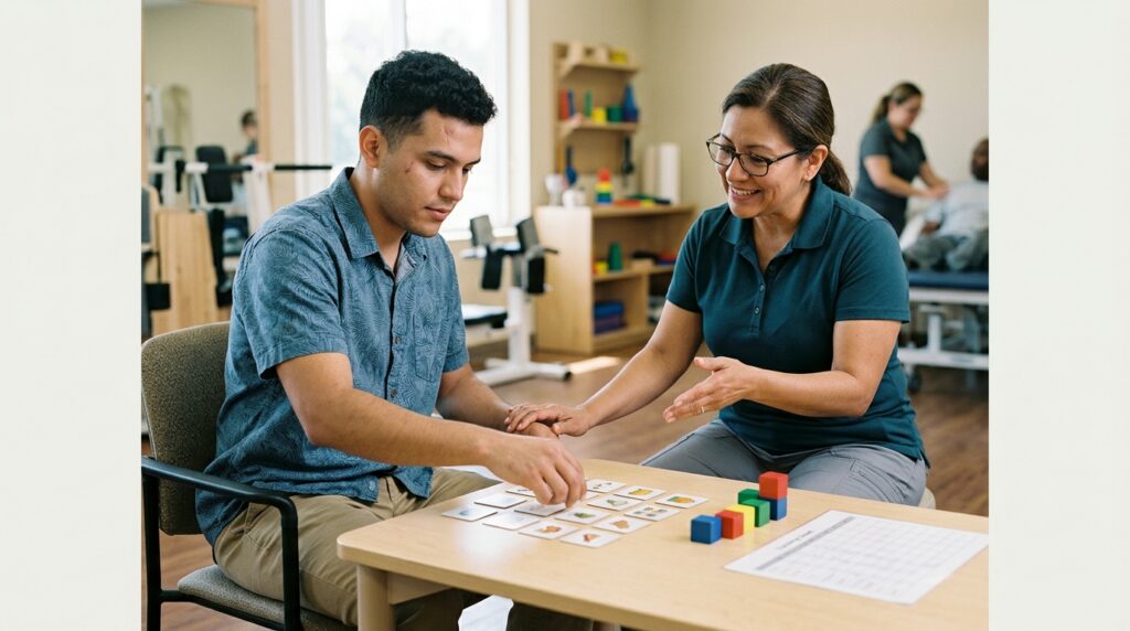 Terapeuta ayuda a un paciente con lesión cerebral traumática a practicar memoria y coordinación.