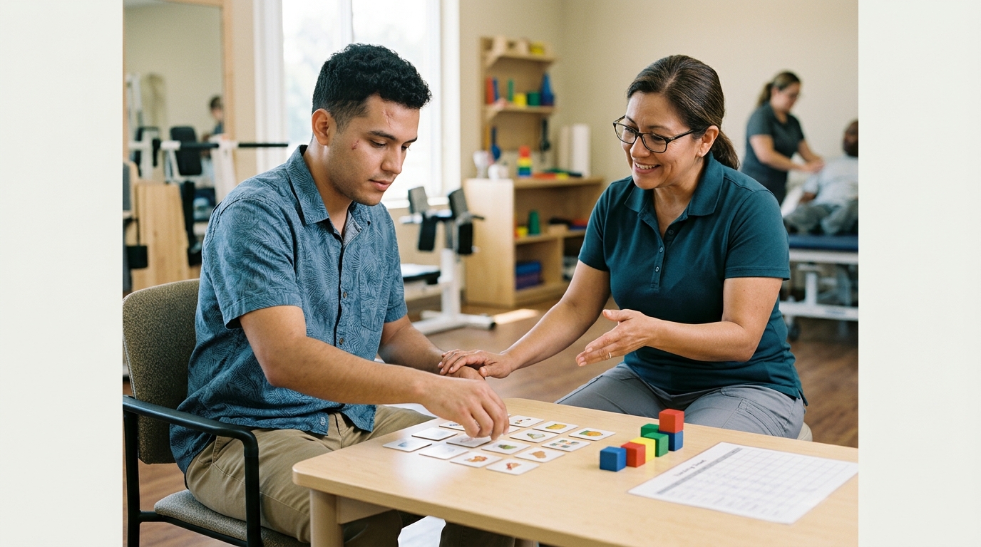 Terapeuta ayuda a un paciente con lesión cerebral traumática a practicar memoria y coordinación.
