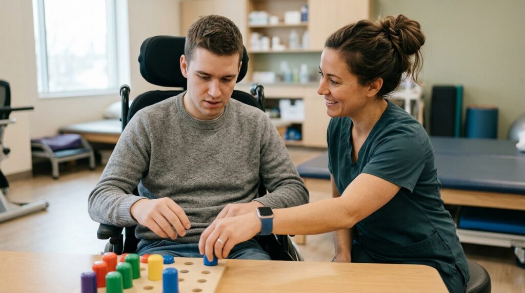 Therapist guiding a brain injury patient through memory and coordination exercises during rehabilitation.