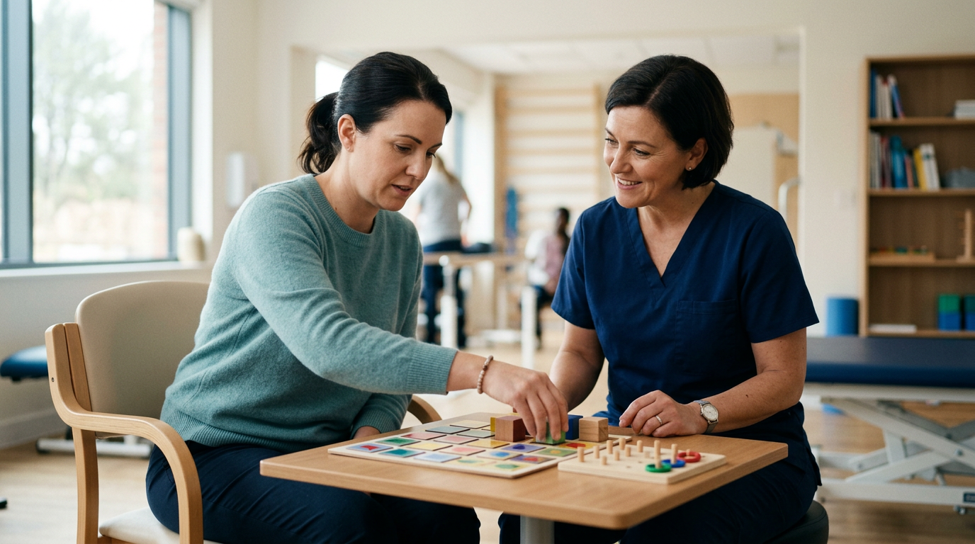 Therapist guiding a brain injury patient through memory and coordination exercises during rehabilitation.