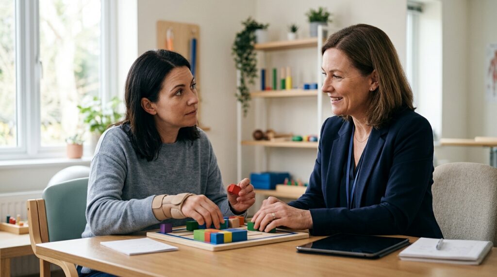 Therapist guiding a traumatic brain injury patient through memory and coordination exercises during neuropsychological testing.