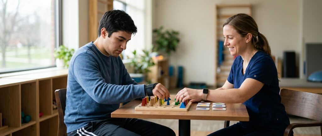 Therapist helping a brain injury patient practice memory and coordination exercises.