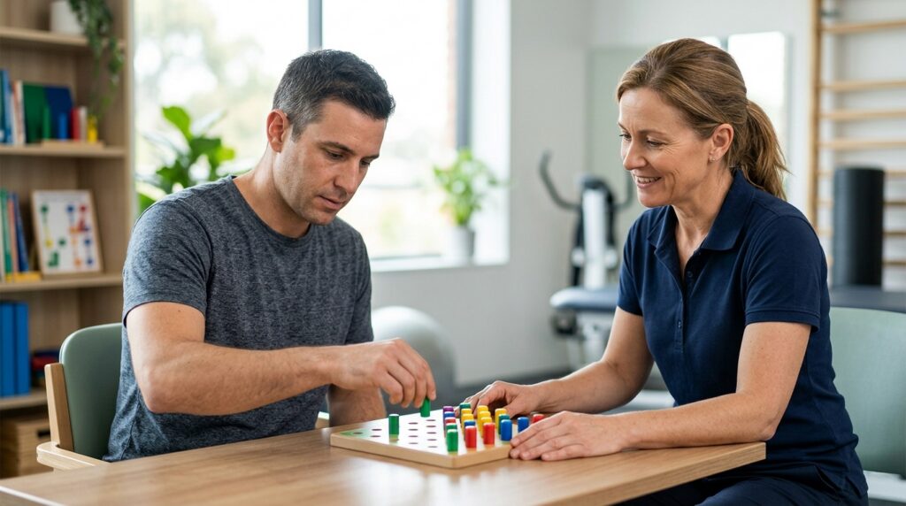Therapist helping a traumatic brain injury patient practice memory and coordination skills during rehabilitation.
