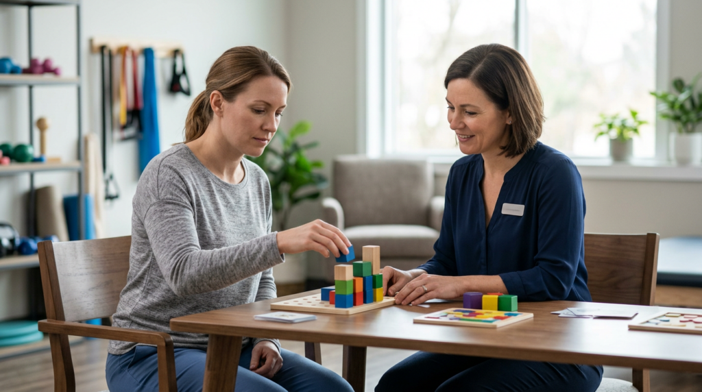 Traumatic brain injury patient practicing memory and coordination exercises with a therapist during rehabilitation.