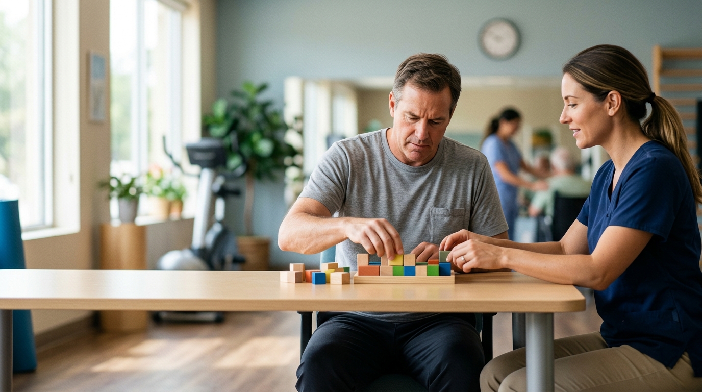 Traumatic brain injury patient practicing memory and coordination exercises with a therapist.