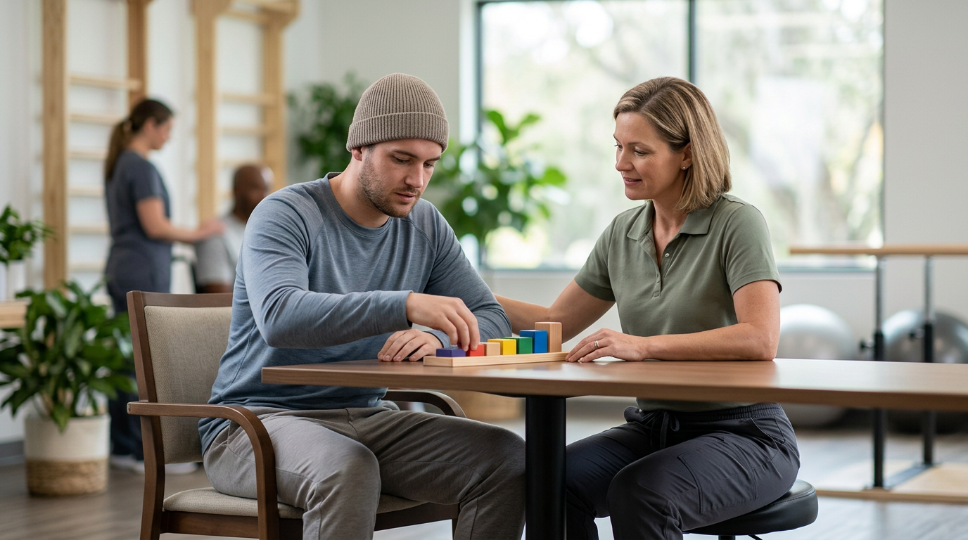 Traumatic brain injury patient practicing memory and coordination exercises with a therapist.