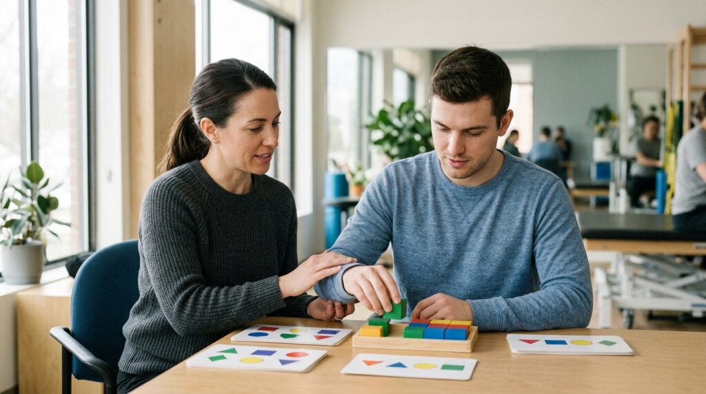 Traumatic brain injury patient practicing memory and coordination exercises with a therapist.