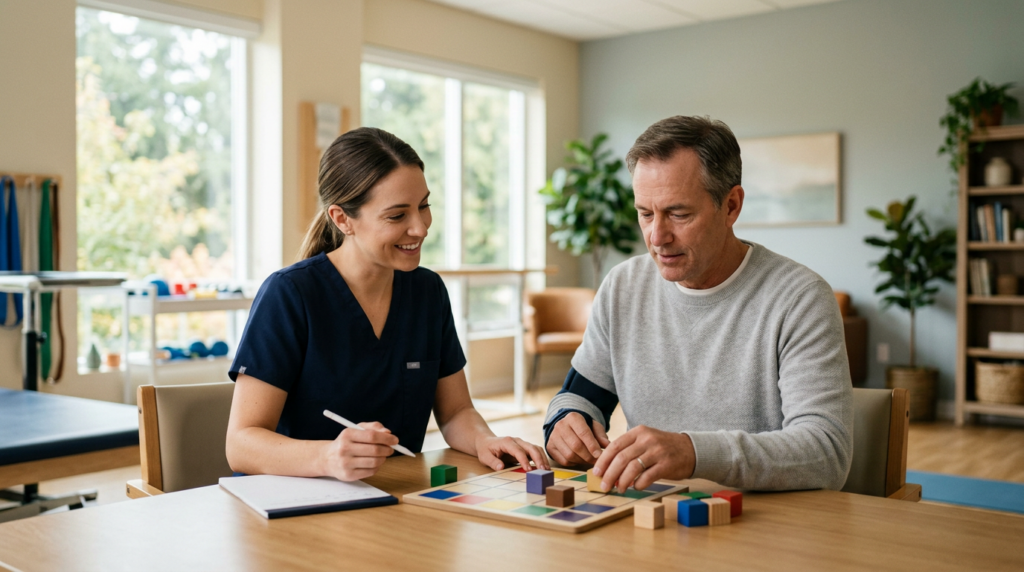 Traumatic brain injury patient practicing memory and coordination skills with a therapist.