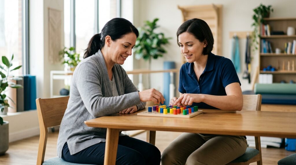 Traumatic brain injury patient practicing memory and coordination exercises with a therapist.