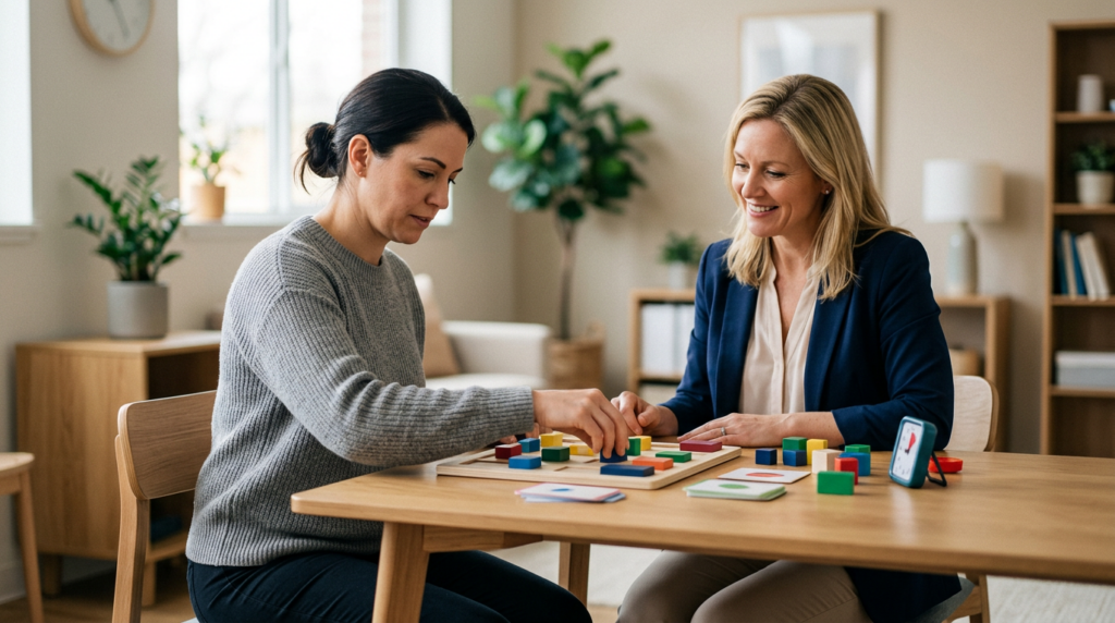 Traumatic brain injury patient practicing memory and coordination exercises with a therapist during rehabilitation.