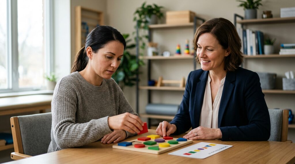 Traumatic brain injury patient practicing memory and coordination skills with a therapist.