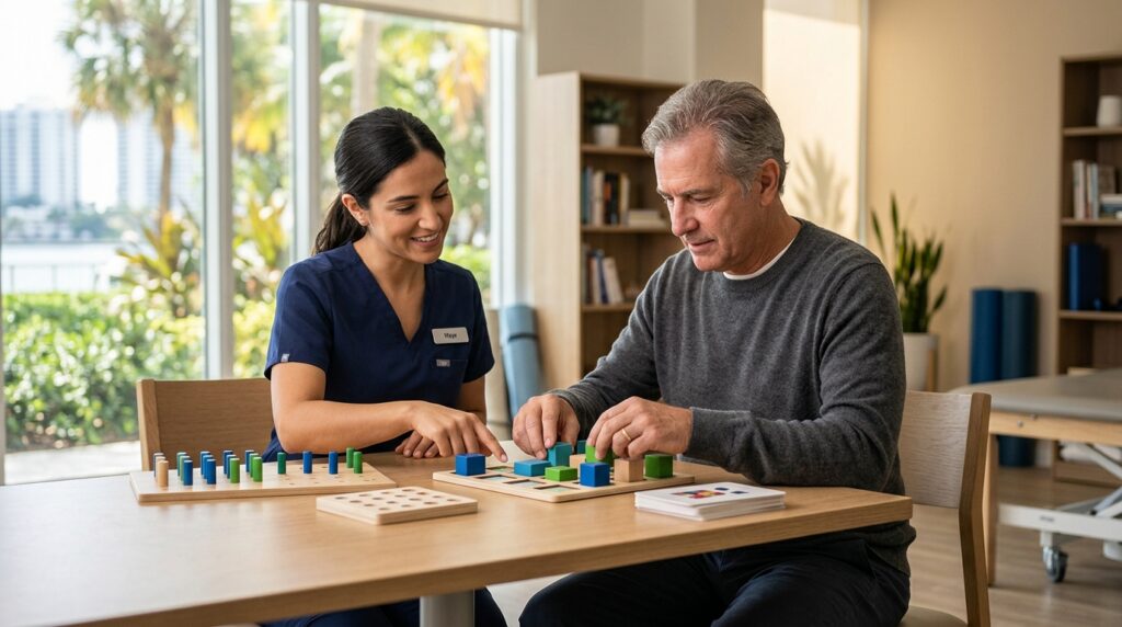 Traumatic brain injury patient practicing memory and coordination skills with a therapist.