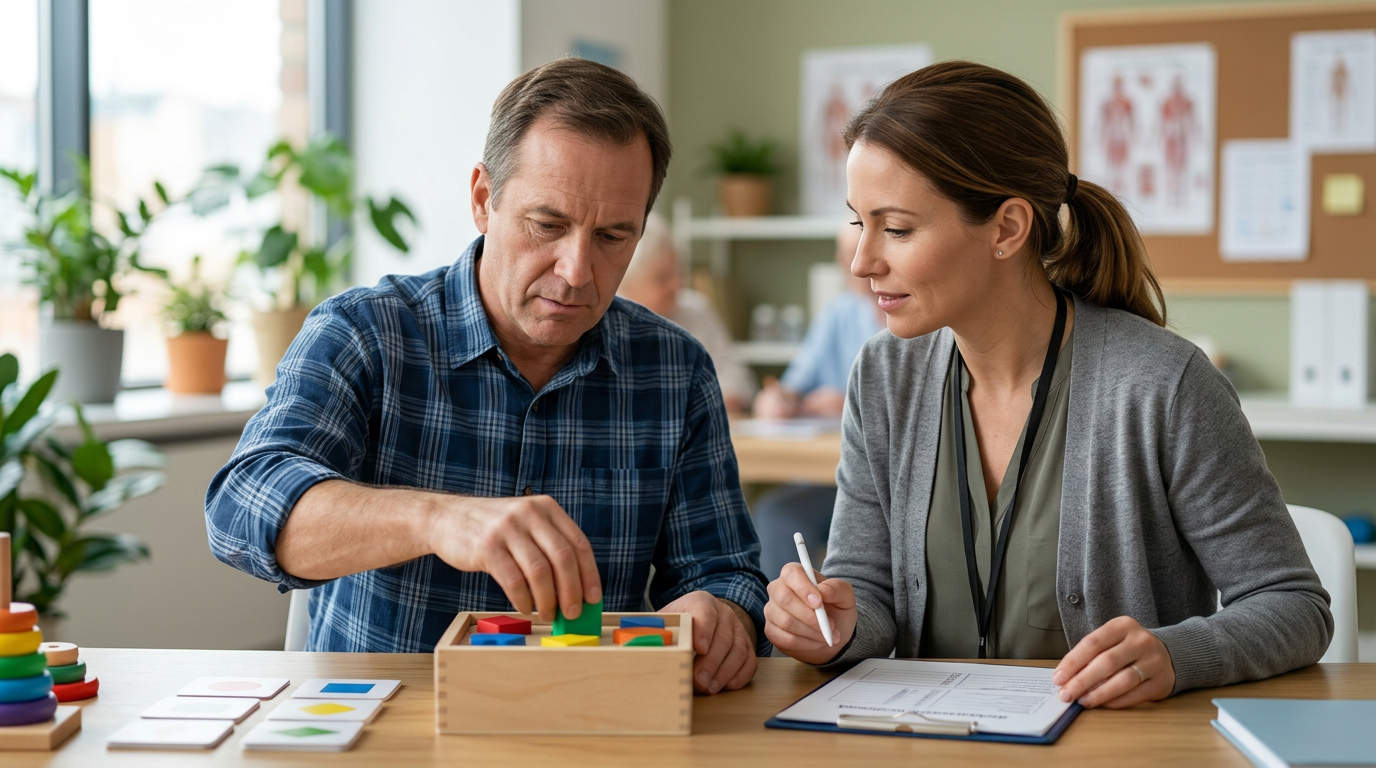 Traumatic brain injury patient practicing memory and coordination exercises with a therapist.