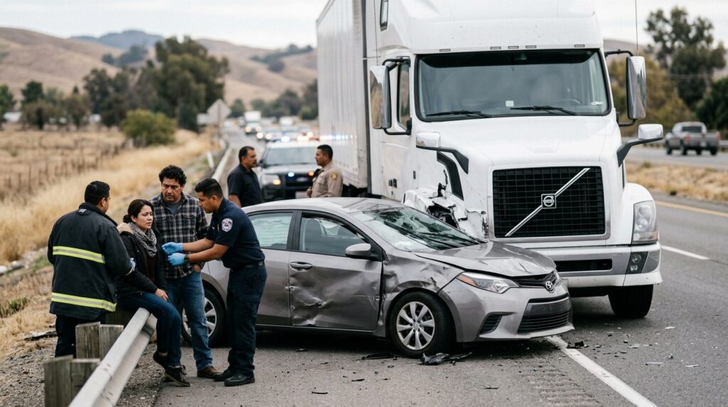 Vehículo dañado y camión después de accidente grave en carretera.