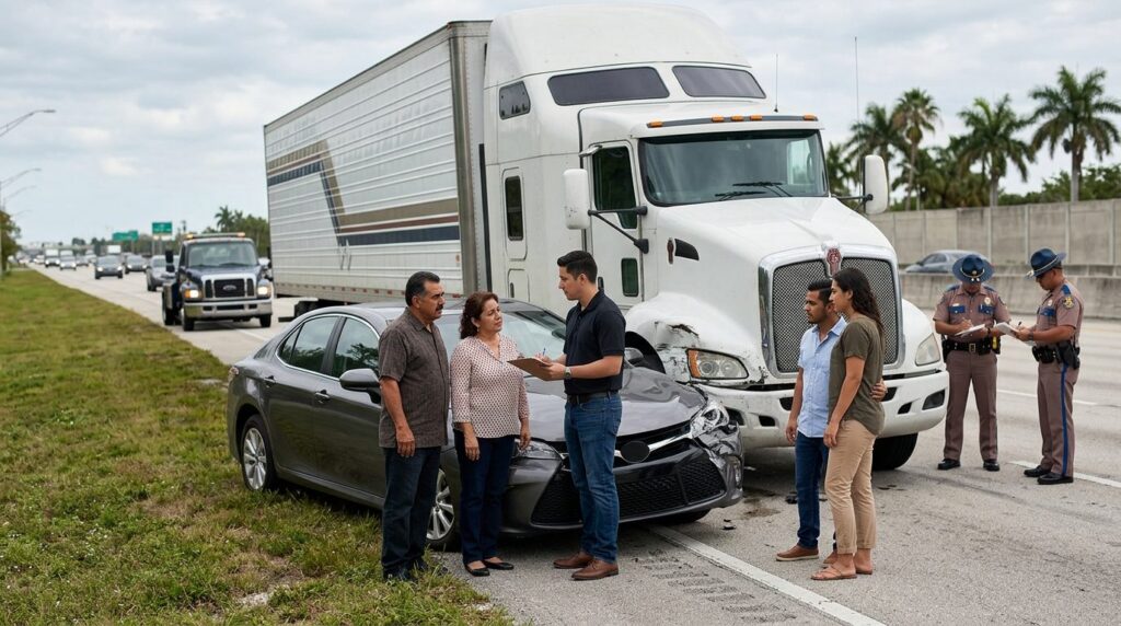 Vehículos dañados después de accidente grave en carretera de Florida.