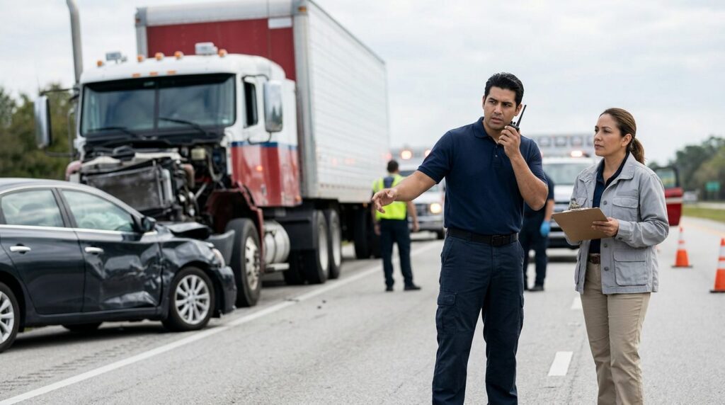Vehículos dañados después de accidente grave en carretera de Florida.