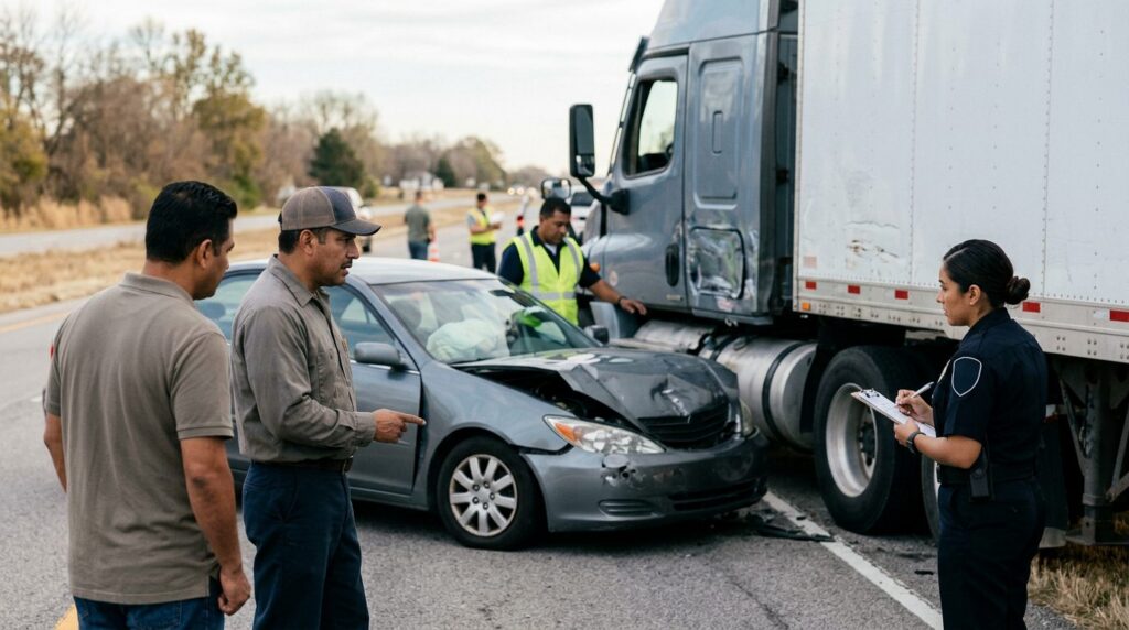 Vehículos dañados tras colisión grave en carretera con personas hispanas.