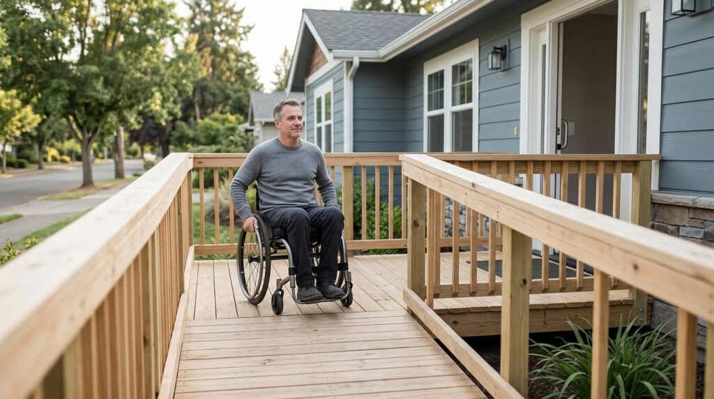 Wheelchair-accessibility ramp leading to a home with adapted modifications for a paralyzed resident.