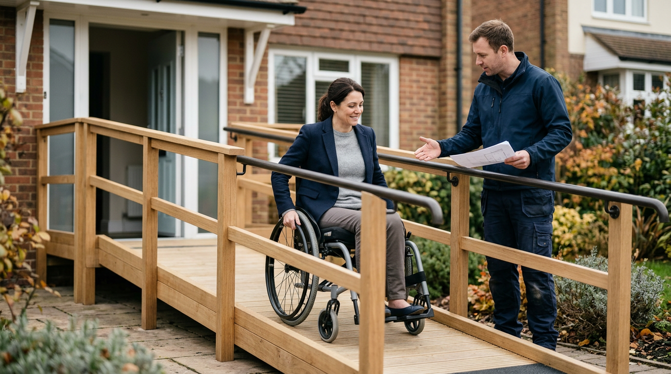 Wheelchair-accessible ramp installed at a home entrance as an adapted modification for a paralyzed resident.