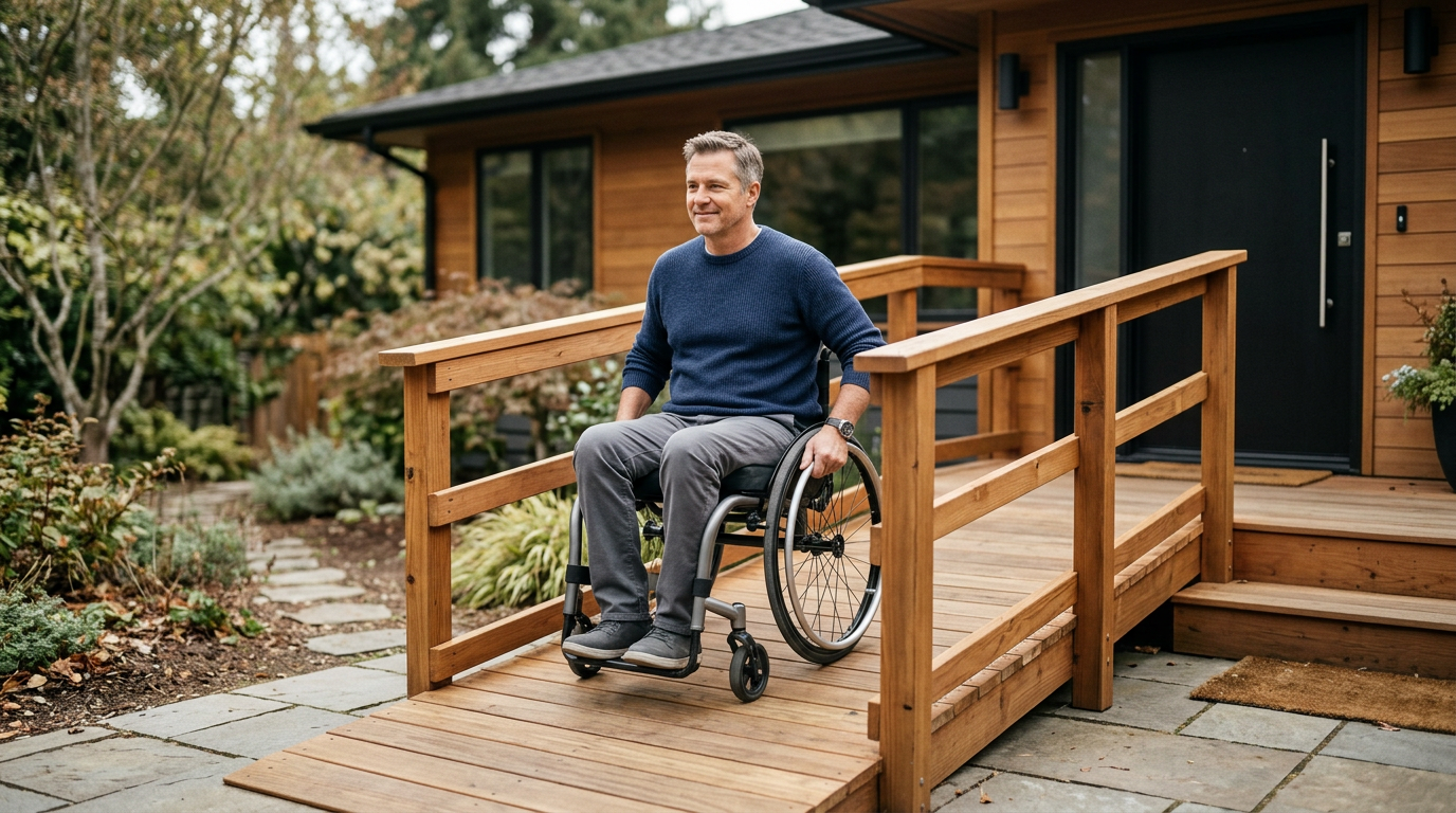 Wheelchair-accessible ramp installed at a home entrance as an adapted modification for a paralyzed person.