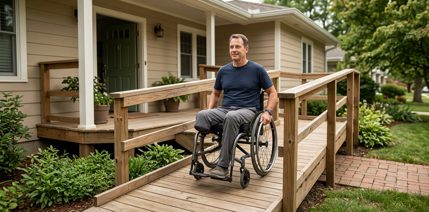 Wheelchair-accessible ramp installed at a home's entrance as an adaptive modification.