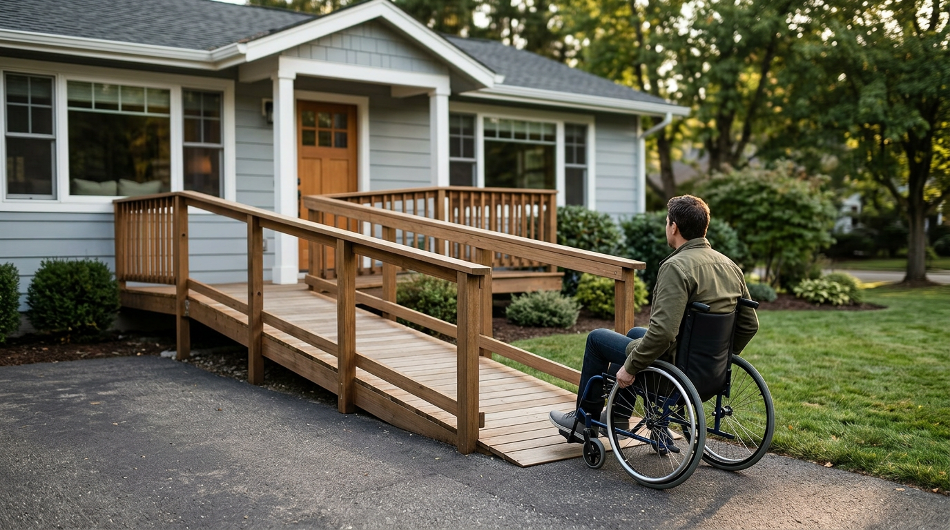 Wheelchair-accessible ramp leading to a home with adapted modifications for a paralyzed resident.