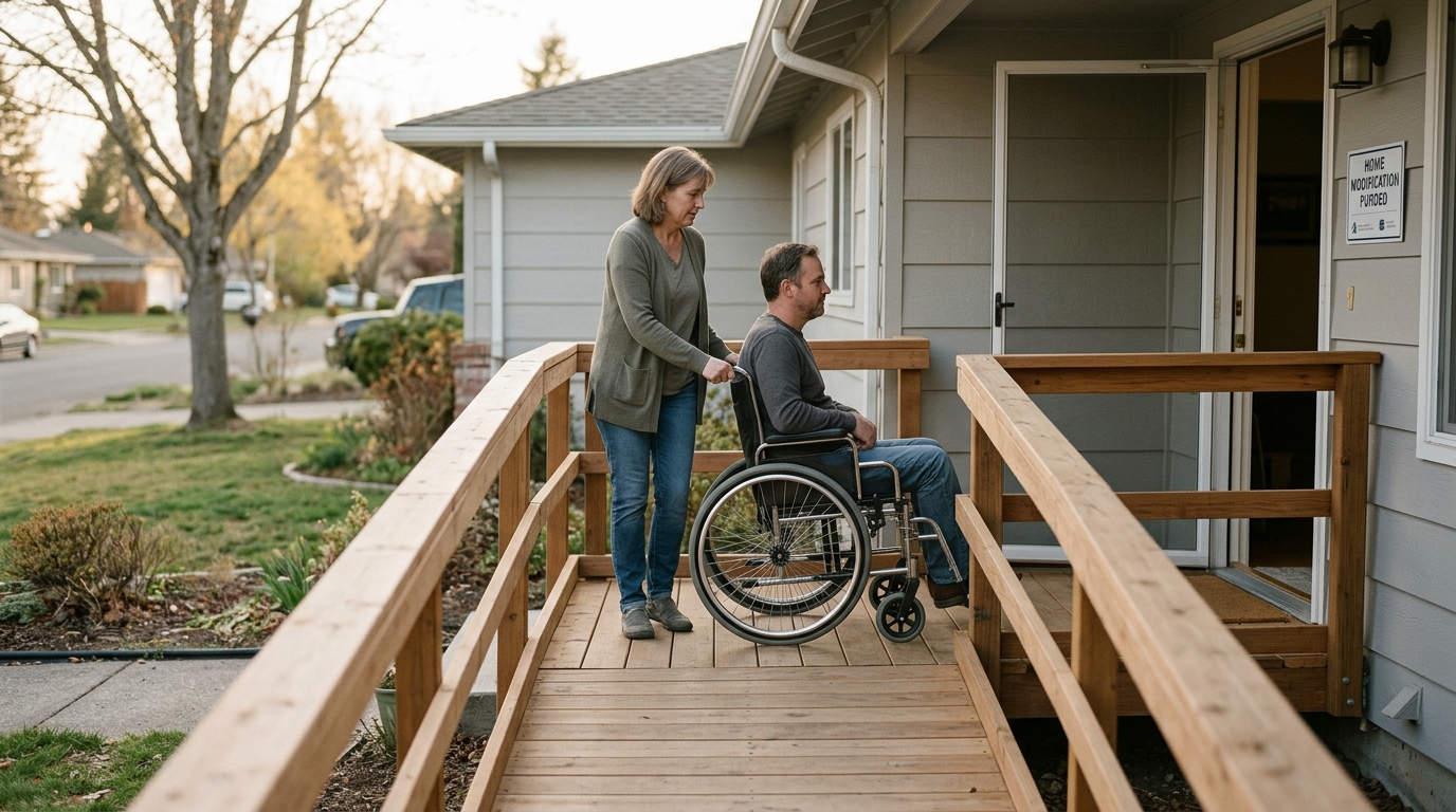 Wheelchair ramp and adapted home modifications for a paralyzed person cared for by family.