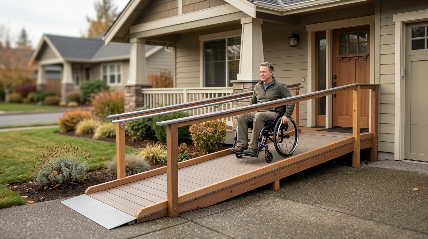 Wheelchair ramp installed at a home entrance as an accessibility modification.