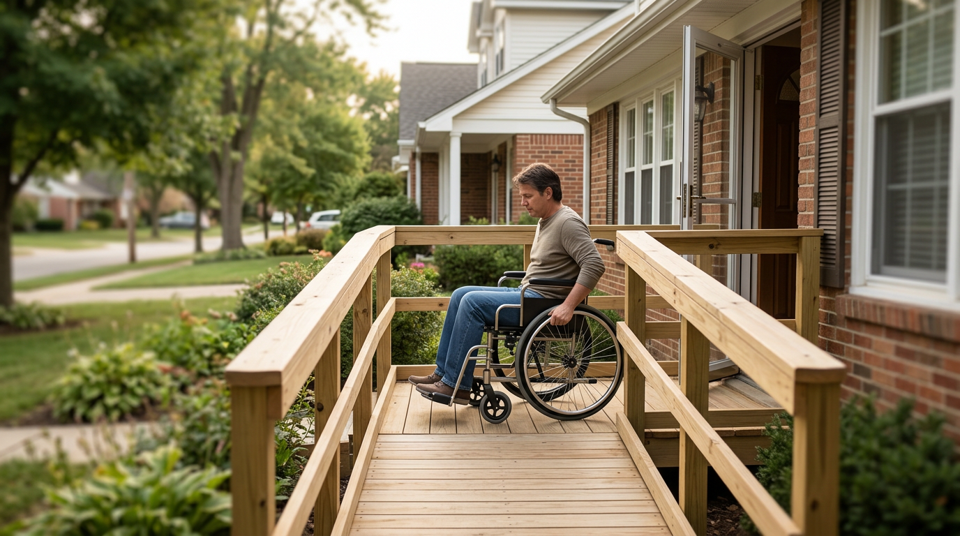 Wheelchair ramp installed at a home entrance as part of accessibility modifications for a paralyzed resident.